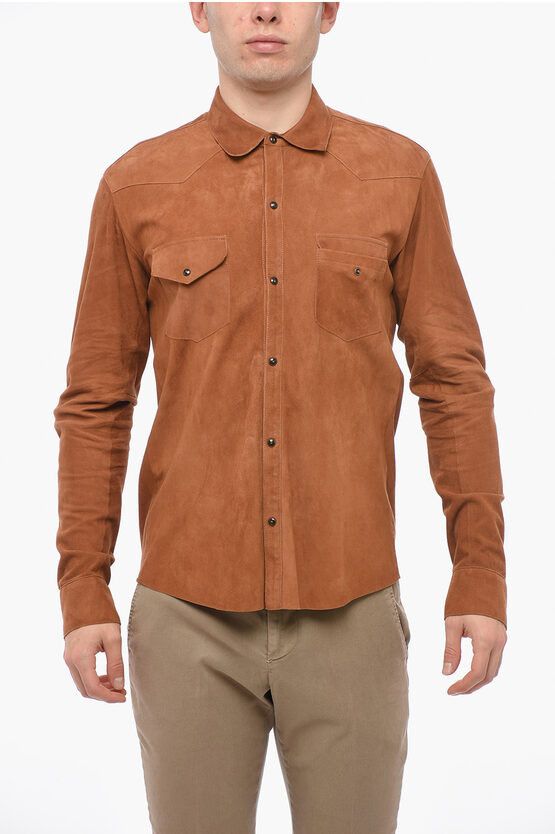 image of Tagliatore Leather Unlined Shirt With Double Chest Pocket in Orange, Men's (Size Medium)