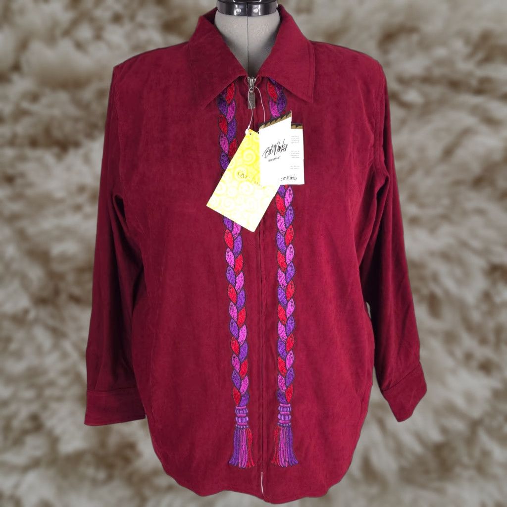 VINTAGE Bob Mackie Wearable Art Jacket Womens 1X Burgundy Embroidered Moleskin NEW Jacket 1X Womens Burgundy Embroidered Wearable Art Mackie VINTAGE
