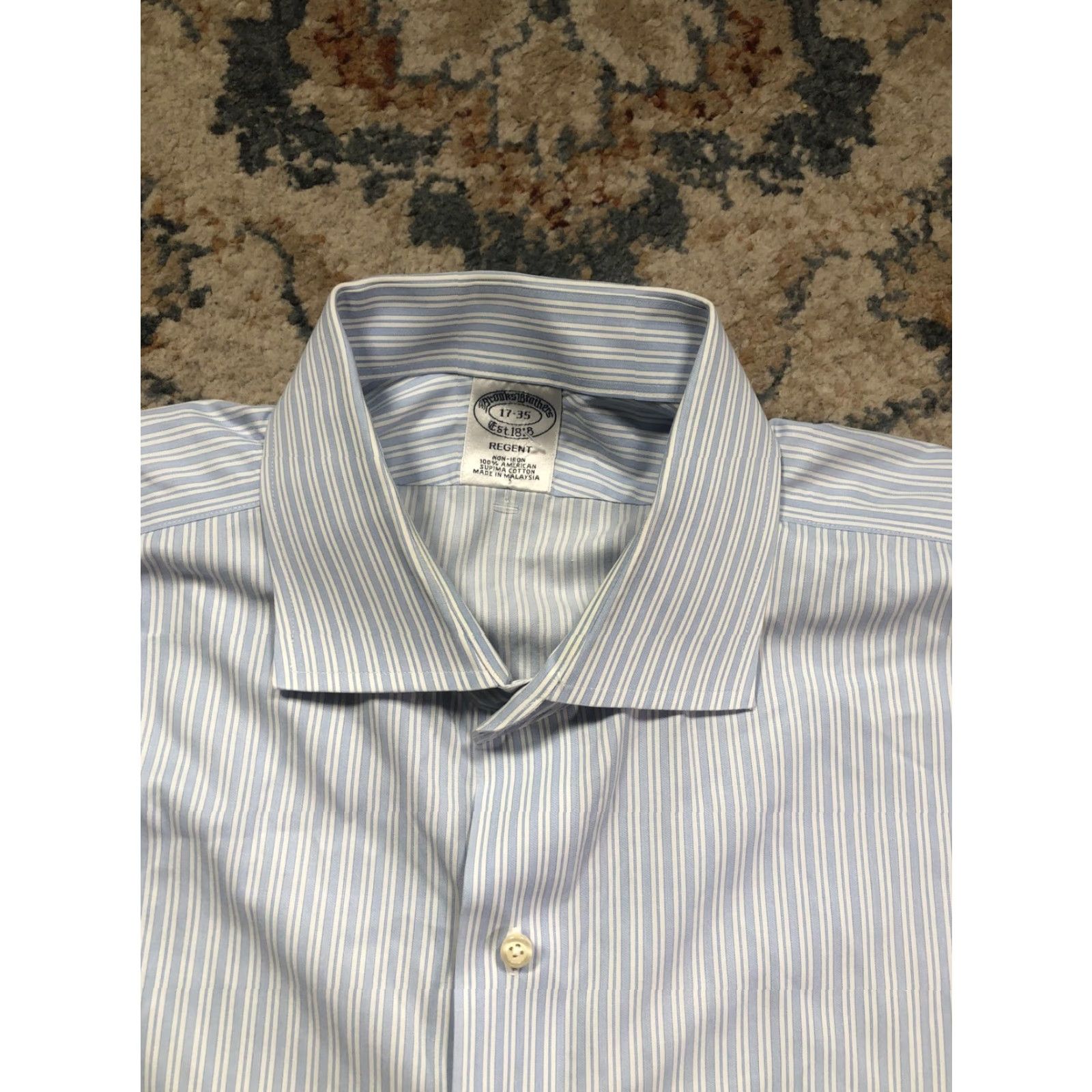 Brooks Brothers Brooks Brothers Dress Shirt Mens 17 34/35 Blue Stripe Non-Iron Supima Regent Shirt Slim Striped Pattern Size 46R - 2 Thumbnail