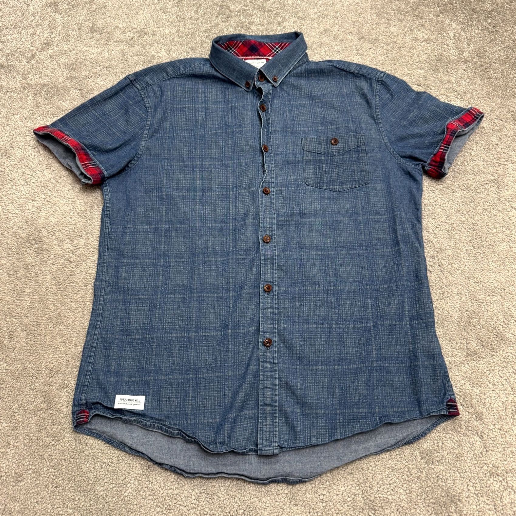 Vintage 7 Diamonds Button-Up Shirt Mens Medium Chambray Plaid Blue Red Casual Short Sleeve Casual Shirt Mens Regular Fit Size US M / EU 48-50 / 2 - 2 Thumbnail