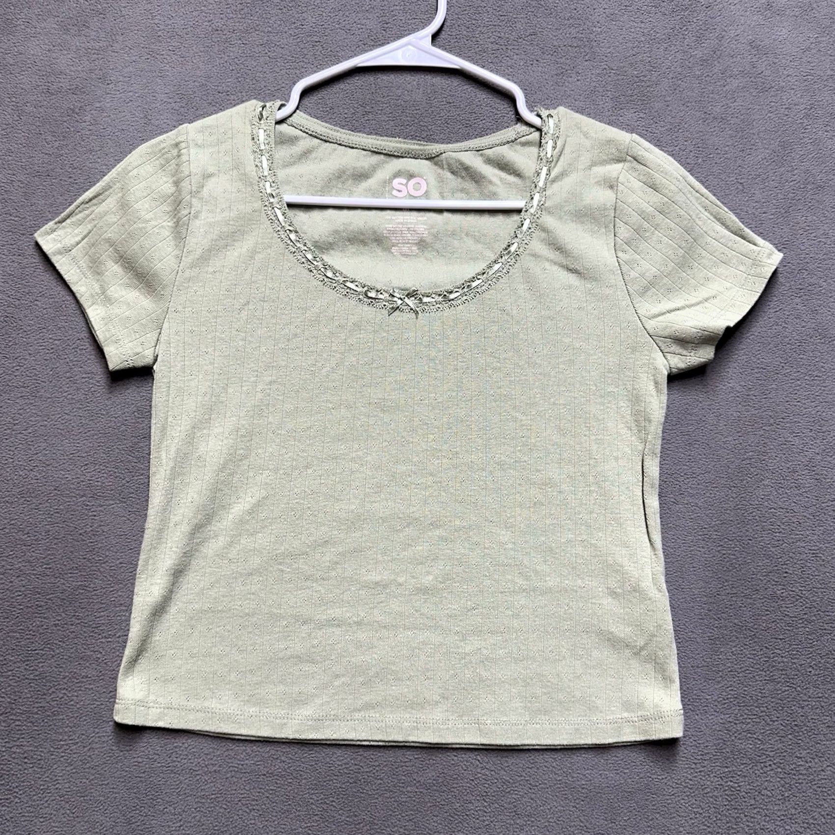 Vintage SO Shirt Women Medium Green Ribbed Knit Short Sleeve Lace Trim Y2K EUC Size M / US 6-8 / IT 42-44 - 2 Thumbnail