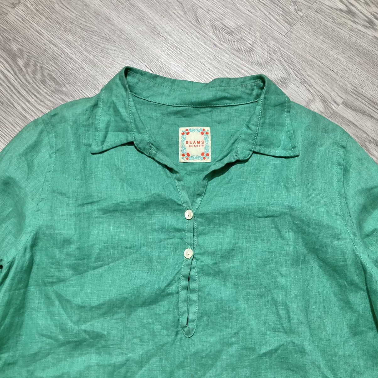 Japanese Brand 2000s Beams Heart Collar Overhead Linen Shirt Green Designer Size M / US 6-8 / IT 42-44 - 12 Thumbnail