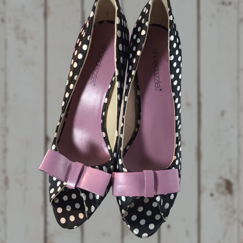 Vintage Shoedazzle Veronica Blk/wht Polka Dot 4In Heels W-Pink Bows Womens Size 10 New Shoes in Black/Wht
