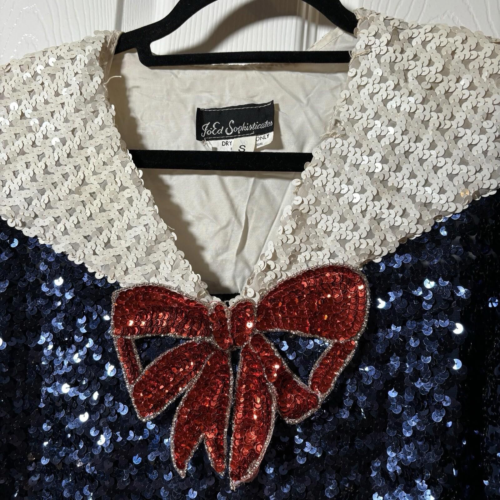 Designer 70s Sequin Red White Blue Bow Retro Pin Up Sailor Blouse S Size S / US 4 / IT 40 - 6 Thumbnail