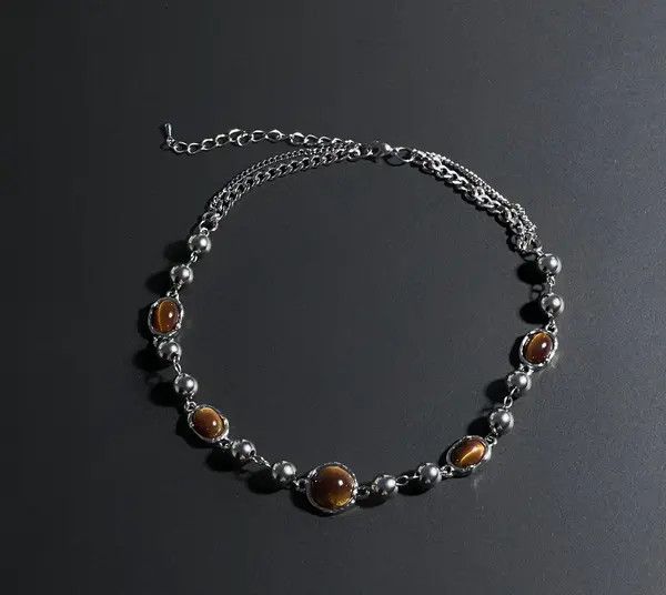 Jewelry Silver Brown Beaded Choker Necklace, Tiger Eye Stone Size ONE SIZE - 7 Thumbnail
