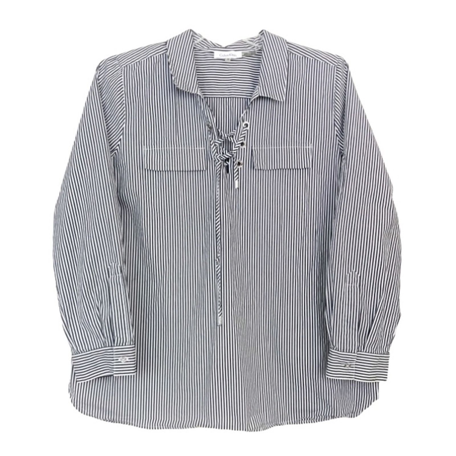 Calvin Klein Calvin Klein Gray White Striped Lace Up Popover Shirt Sz XL Size XL / US 12-14 / IT 48-50 - 5 Thumbnail