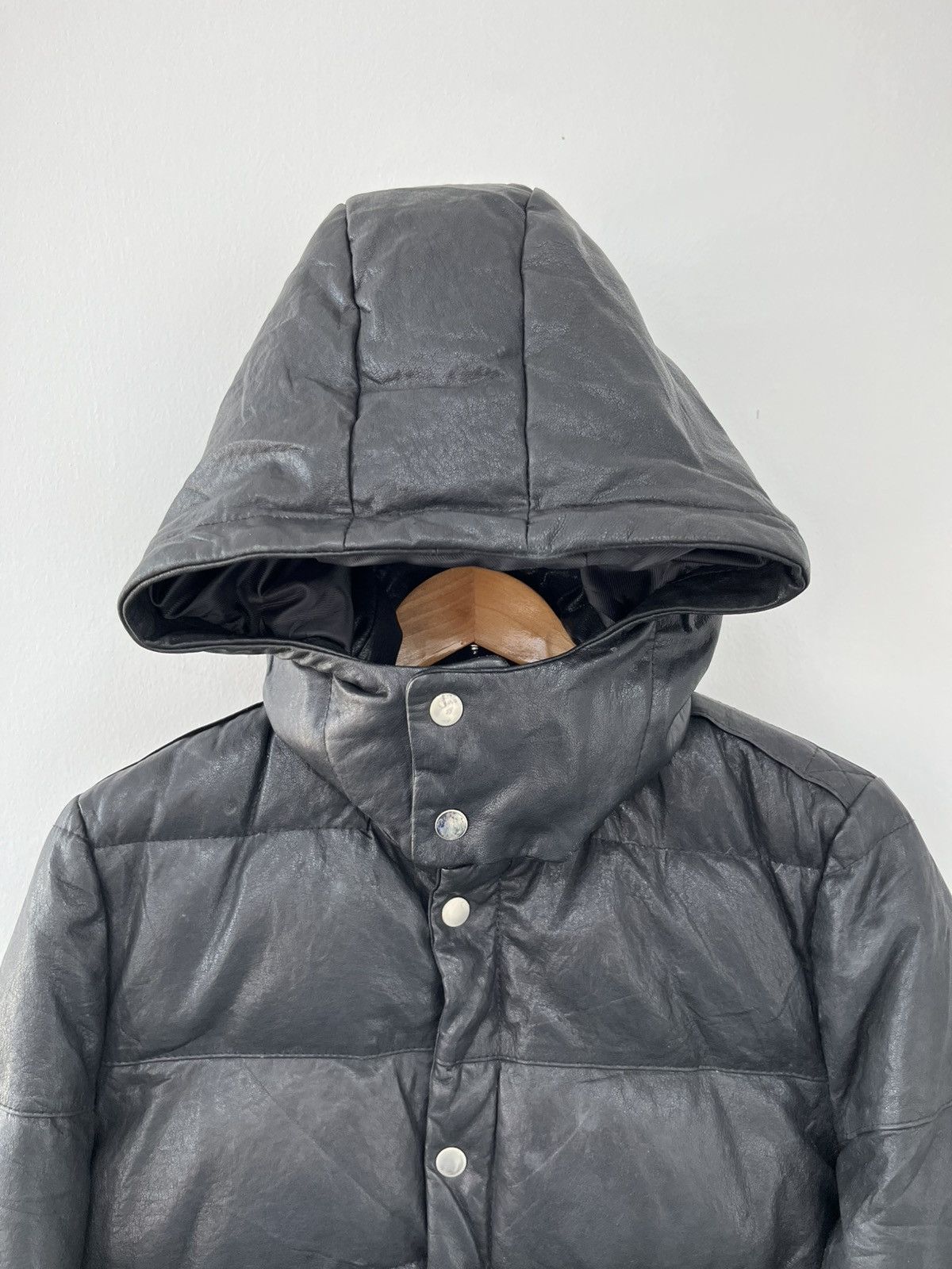 Japanese Brand FUUDOBRAIN Black Leather Hooded Down Jacket Size US S / EU 44-46 / 1 - 3 Thumbnail
