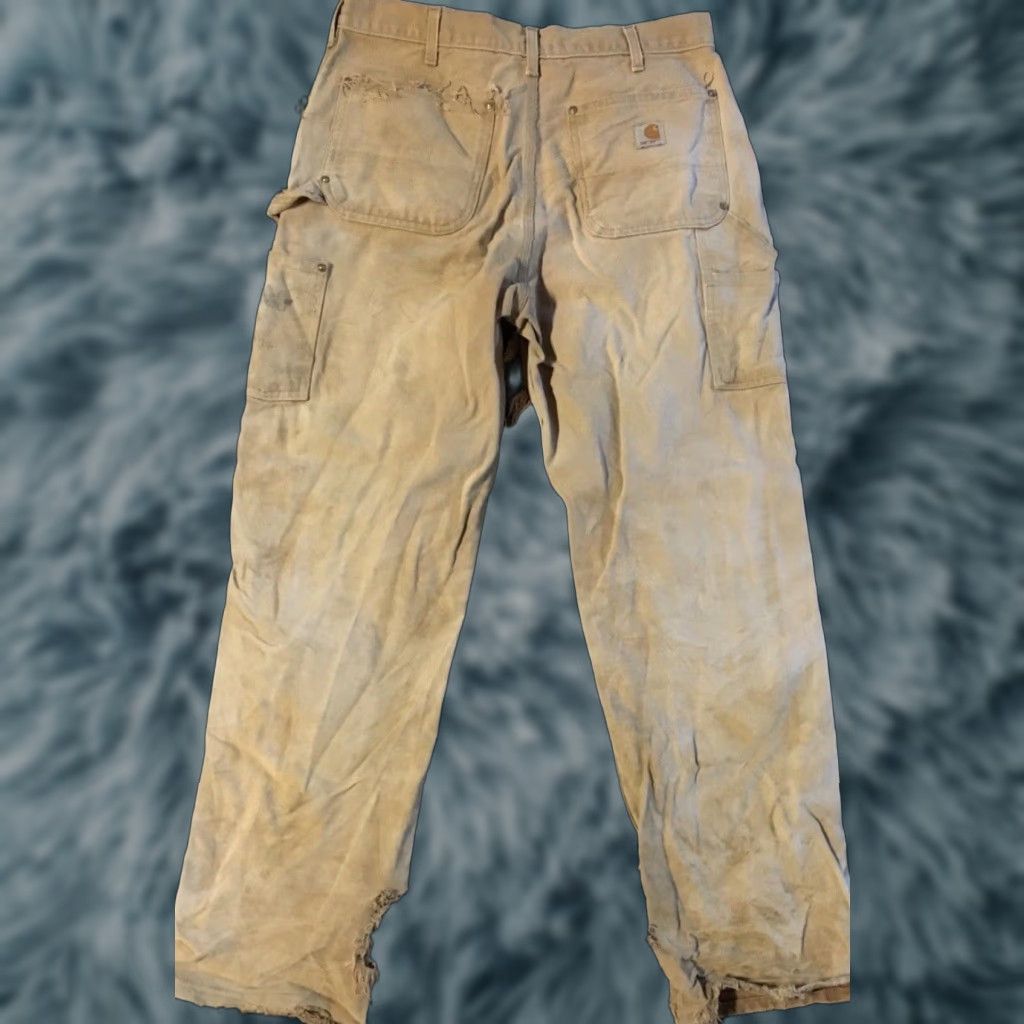 VINTAGE Carhartt Pants Destroyed Thrashed Faded Double Knee 34 Beige Carpenter Men Pants 34 Inseam 32 Grunge 90s Biker Rock Punk USA Made in USA Mens