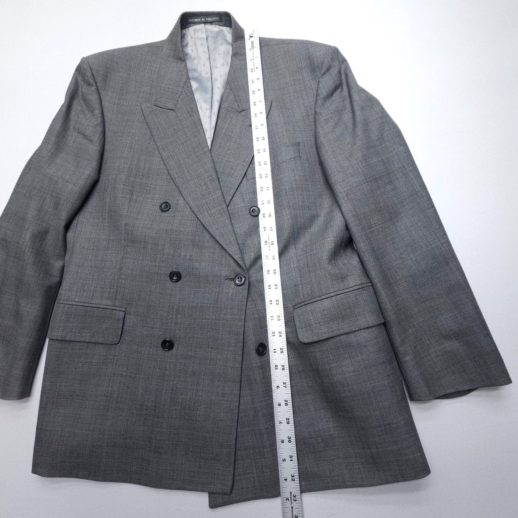 Doublet VINTAGE Savile Row Double-Breasted Wool Blazer Mens 44 Gray England Jacket Coat Check Wool Blazer Men 44" Chest Classic Notch Lapel Four-Button Size 44R - 5 Thumbnail