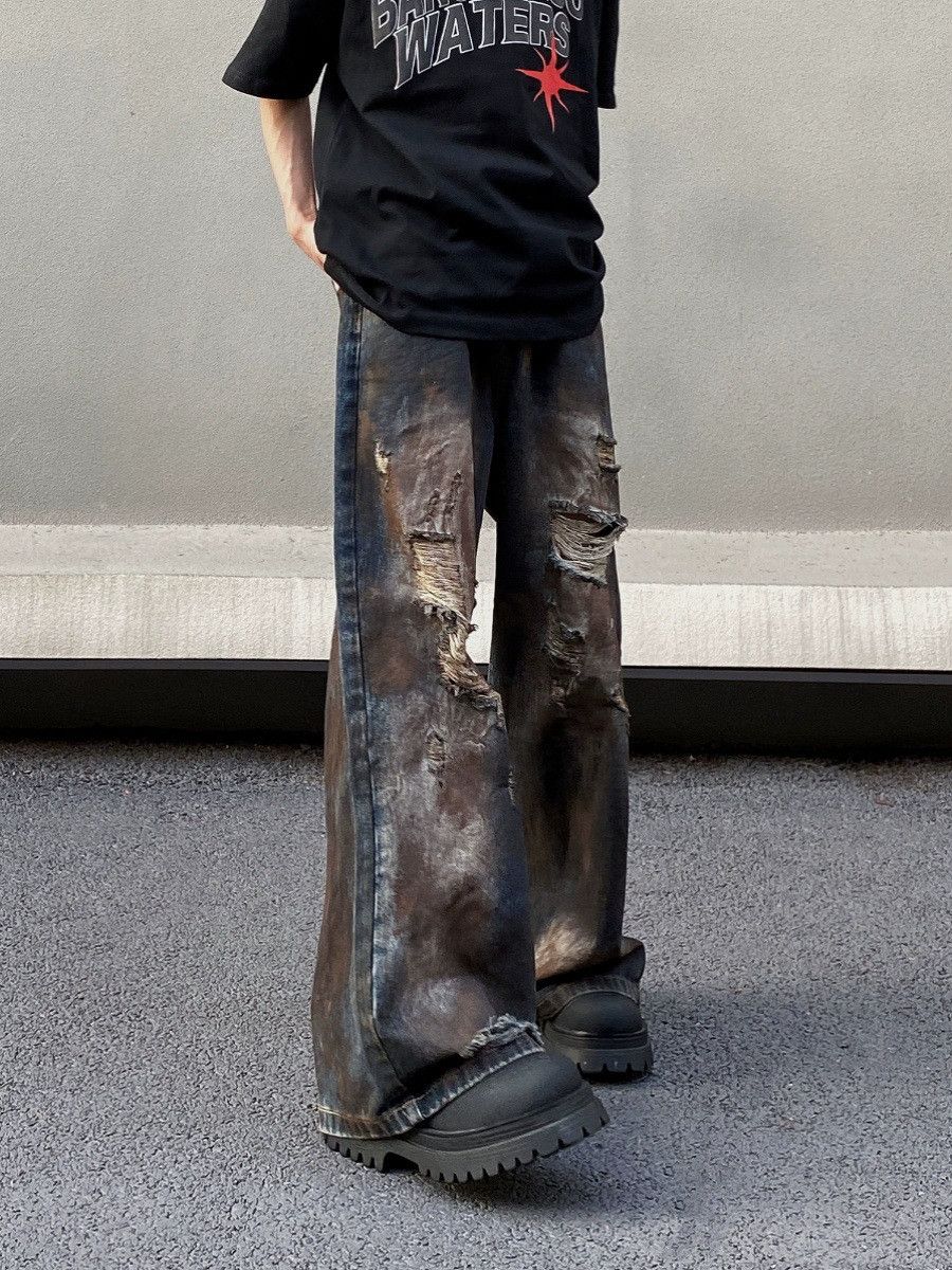 Japanese Brand American retro distressed mud-dyed ripped jeans for men Size US 32 / EU 48 - 3 Thumbnail