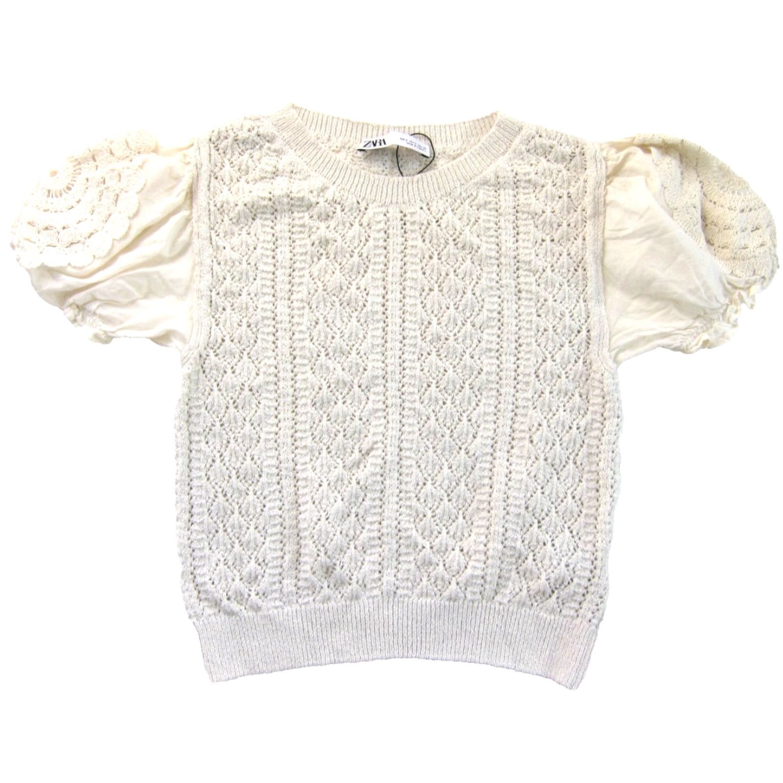 Zara ZARA Ivory Knit Crochet Cotton Short Sleeve Blouse Women Small Size S / US 4 / IT 40 - 2 Thumbnail