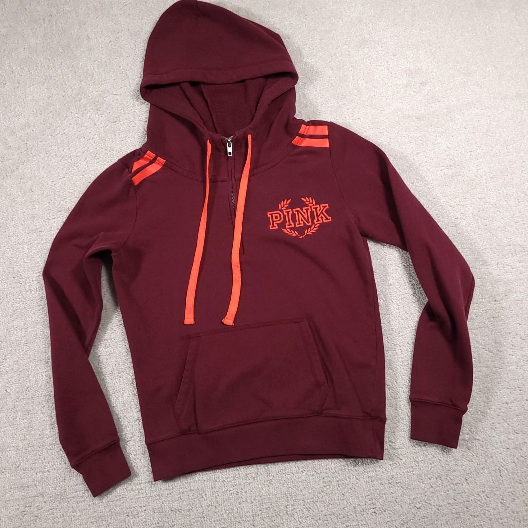Victoria's Secret VINTAGE? No — exclude. PINK Victoria's Secret Hoodie Womens XS Maroon Pullover 1/2 Zip Hooded Pockets Embroidered Logo Lights Size XS / US 0-2 / IT 36-38 - 2 Thumbnail
