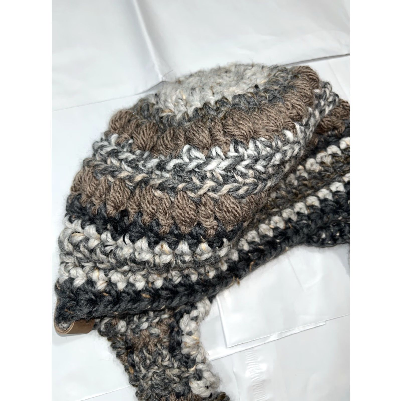 Off The Hook Off The Hook By Jen Womens Hat One Size Gray Tan White Chunky Knit Hand Made Winter Braided Hang Ties OS warm Size ONE SIZE - 5 Thumbnail