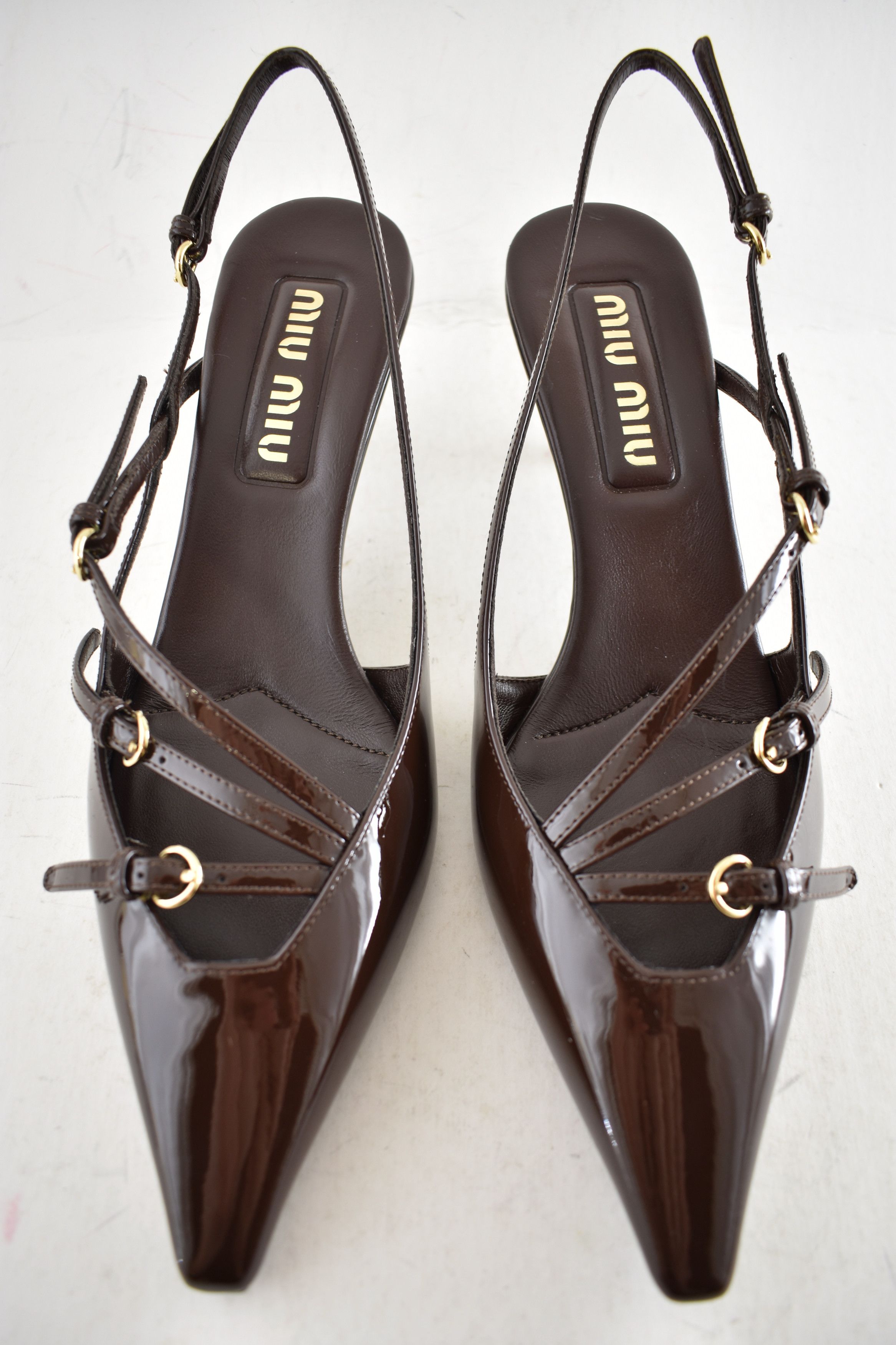 Miu Miu 55 Patent Buckle Trio Pointed Slingback Kitten Heel Pump 36 Size US 6 / IT 36 - 8 Thumbnail