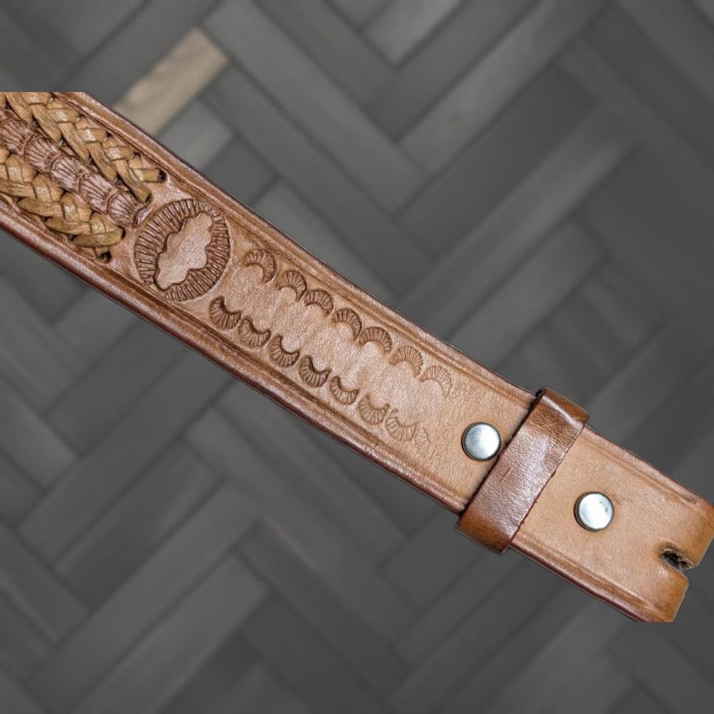 Vintage VINTAGE handcrafted western belt 1-1/2" tooled cowhide brown 44 Men Leather Belt, Cowboy, Rodeo, Buckle Snaps California Mexico Cowboy Mens Size 44 - 1 Thumbnail
