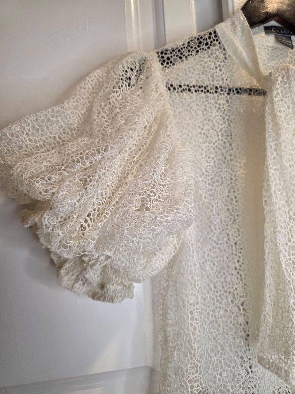 Pedro Garcia Gracia Sheer Lace Puff Sleeve Tie Neck Blouse Romantic Coque Size M / US 6-8 / IT 42-44 - 5 Thumbnail