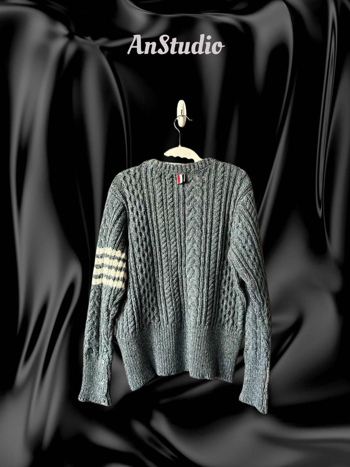 Thom Browne Thom Browne Dark Blue 4-bar Cable Donegal Pullover Sweater Size US L / EU 52-54 / 3 - 2 Thumbnail