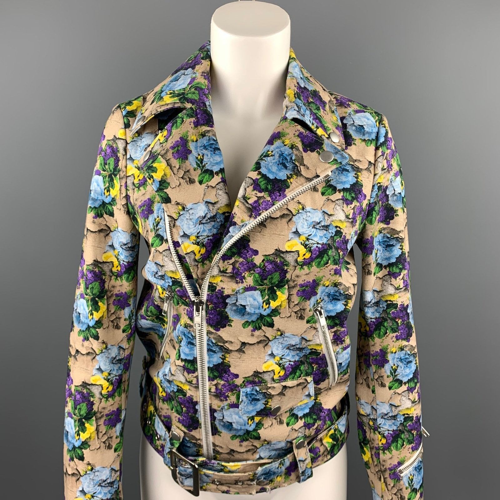 MSGM MSGM Size 4 Khaki & Purple Floral Cotton Biker Jacket Size S / US 4 / IT 40 - 2 Thumbnail