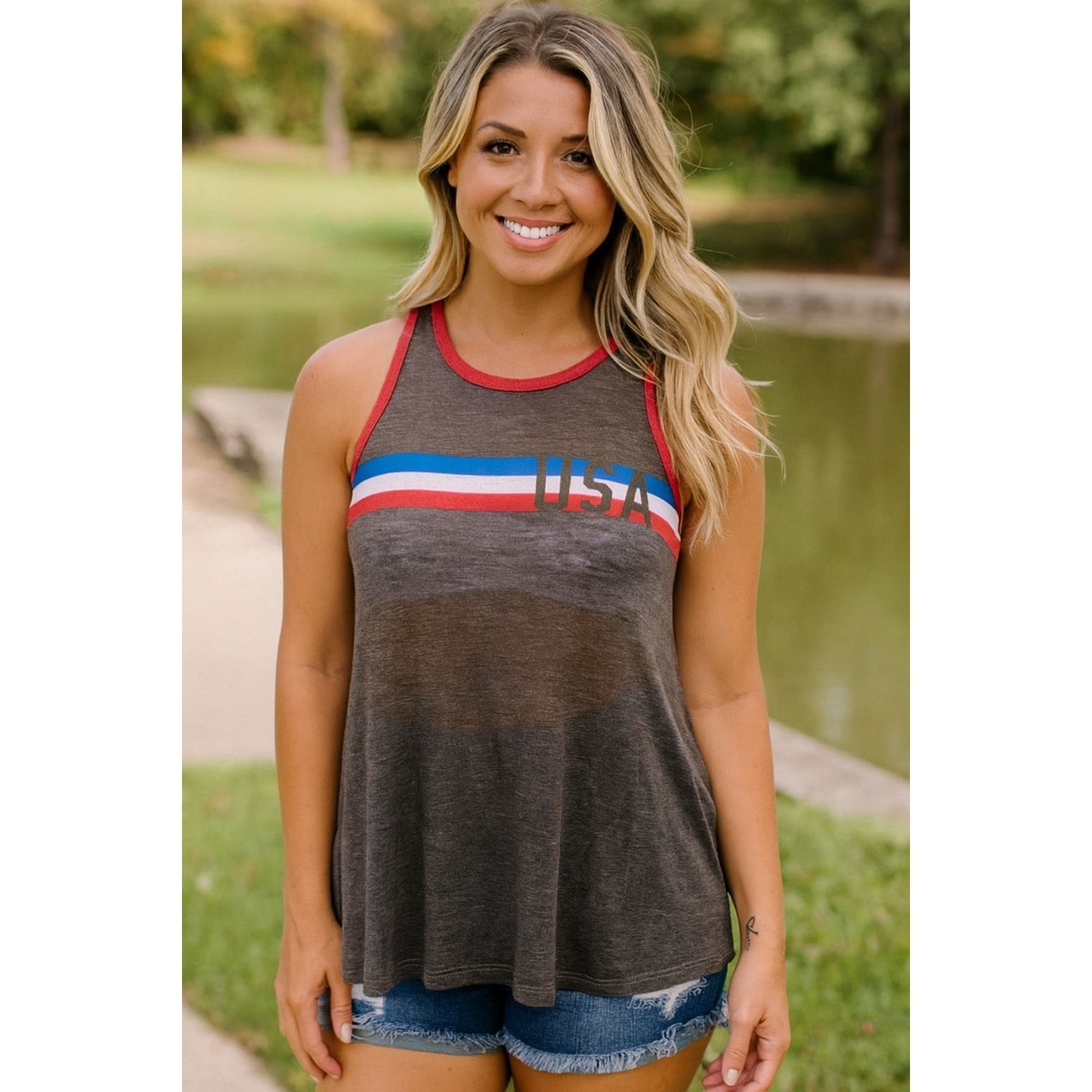 Other Modern Lux Women’s XL Gray USA Tank Top Red White Blue Strip Size XL / US 12-14 / IT 48-50 - 2 Thumbnail
