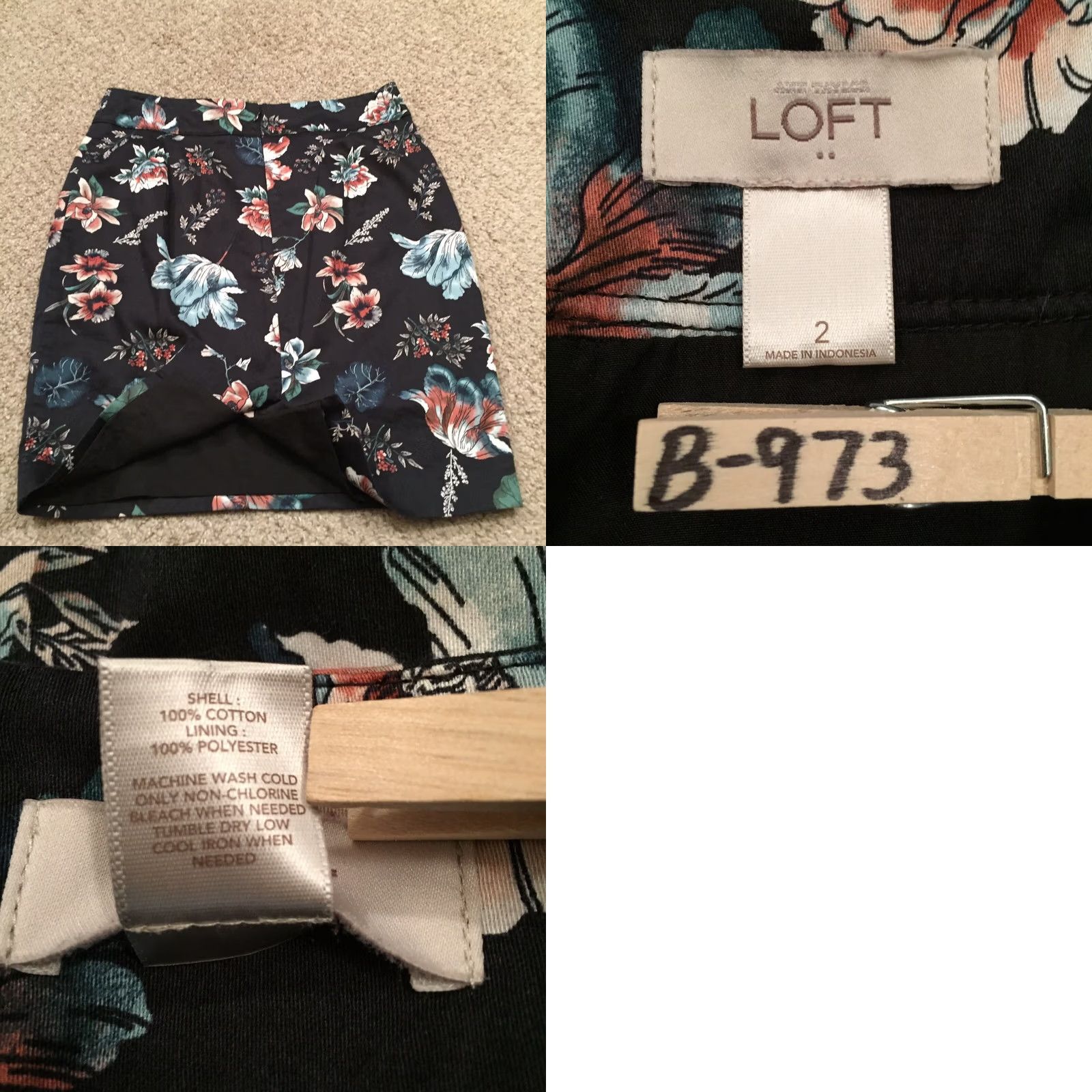 Loft LOFT Skirt, Women, Knee Length, Size 2, Black Floral, Lined, Slit, Cotton, Pencil, Regular, ZIP, Lightweight, Straight & Pencil, Vintage: No Size 26" / US 2 / IT 38 - 8 Thumbnail