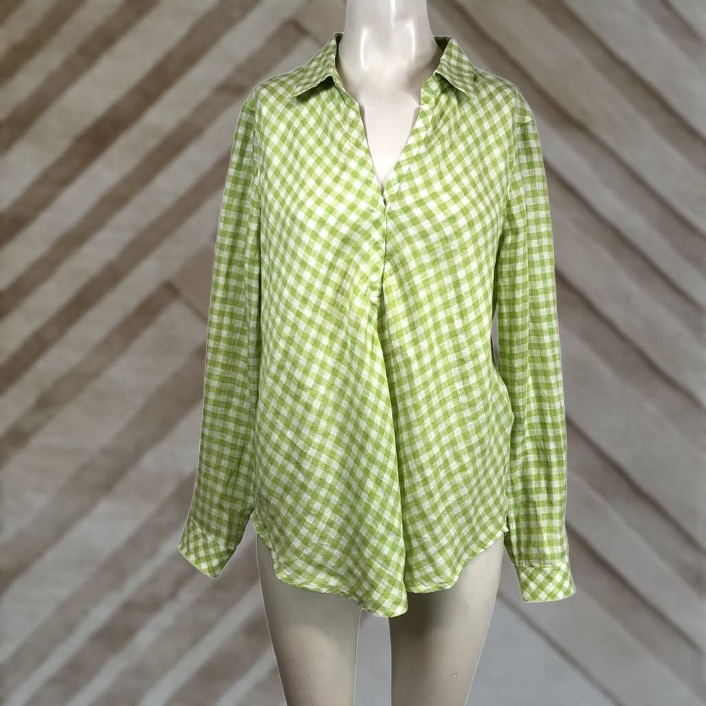 J. Jill J. Jill Love Linen Green Gingham Check 100% Linen Split Neck Tunic Blouse Womens M Size M / US 6-8 / IT 42-44 - 1 Thumbnail