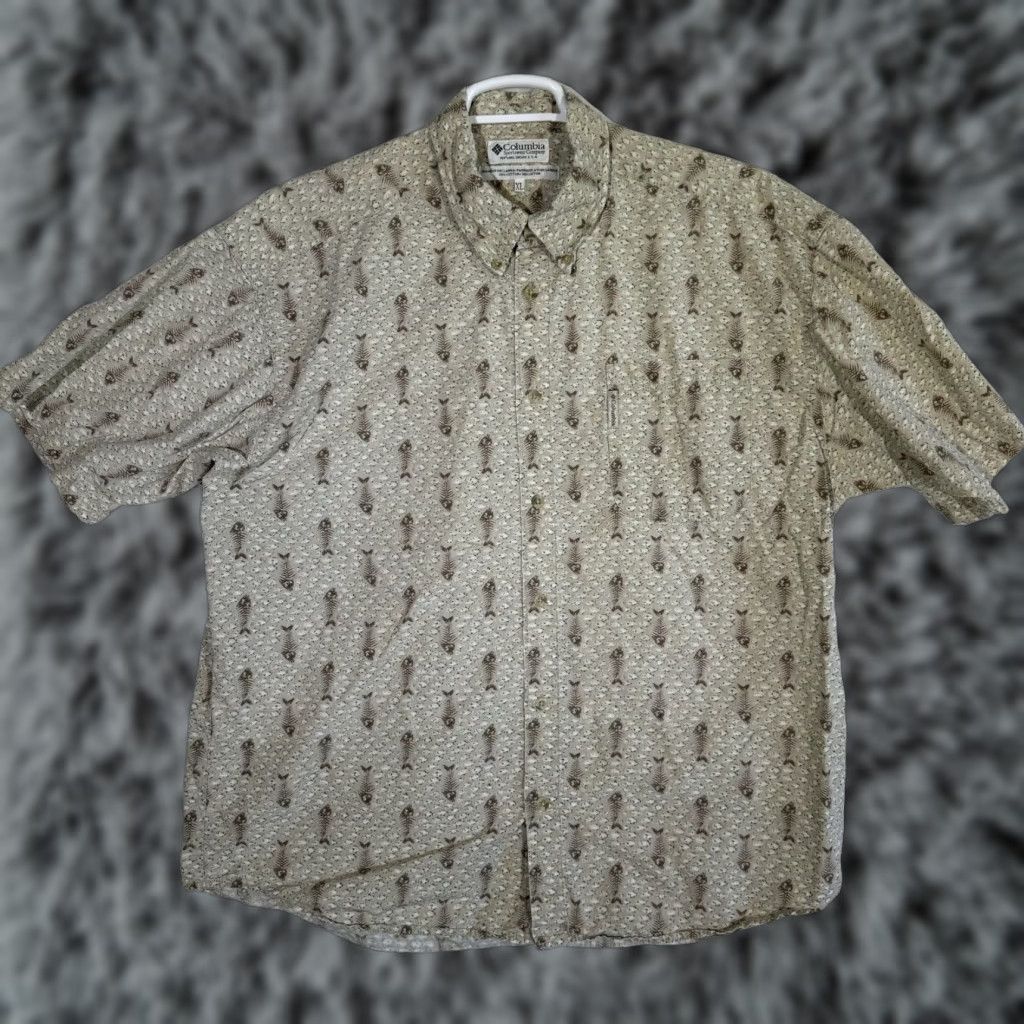 Vintage Columbia Button-Down Shirt XL Brown Fish Skull Print Short Sleeve M592 Men's Regular Fit Chest 46 in 30 in Cotton Cotton Bonehead Size US XL / EU 56 / 4 - 1 Thumbnail