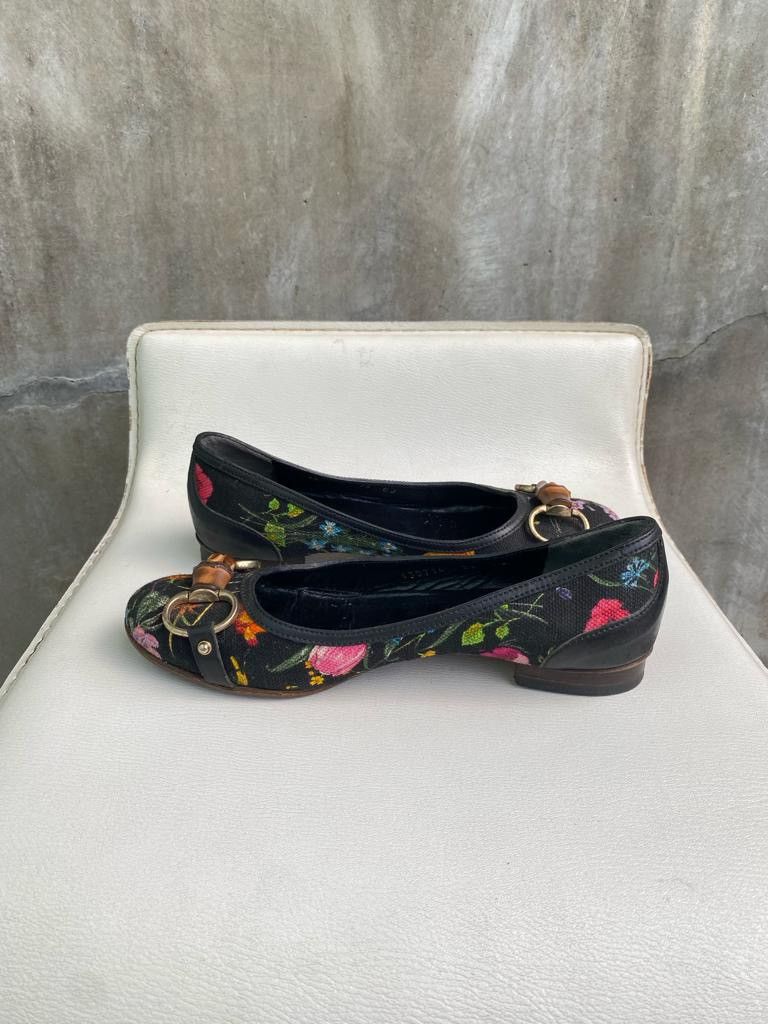 Gucci Black Flora Bamboo Ballet Heeled Flats Size US 5 / IT 35 - 5 Thumbnail