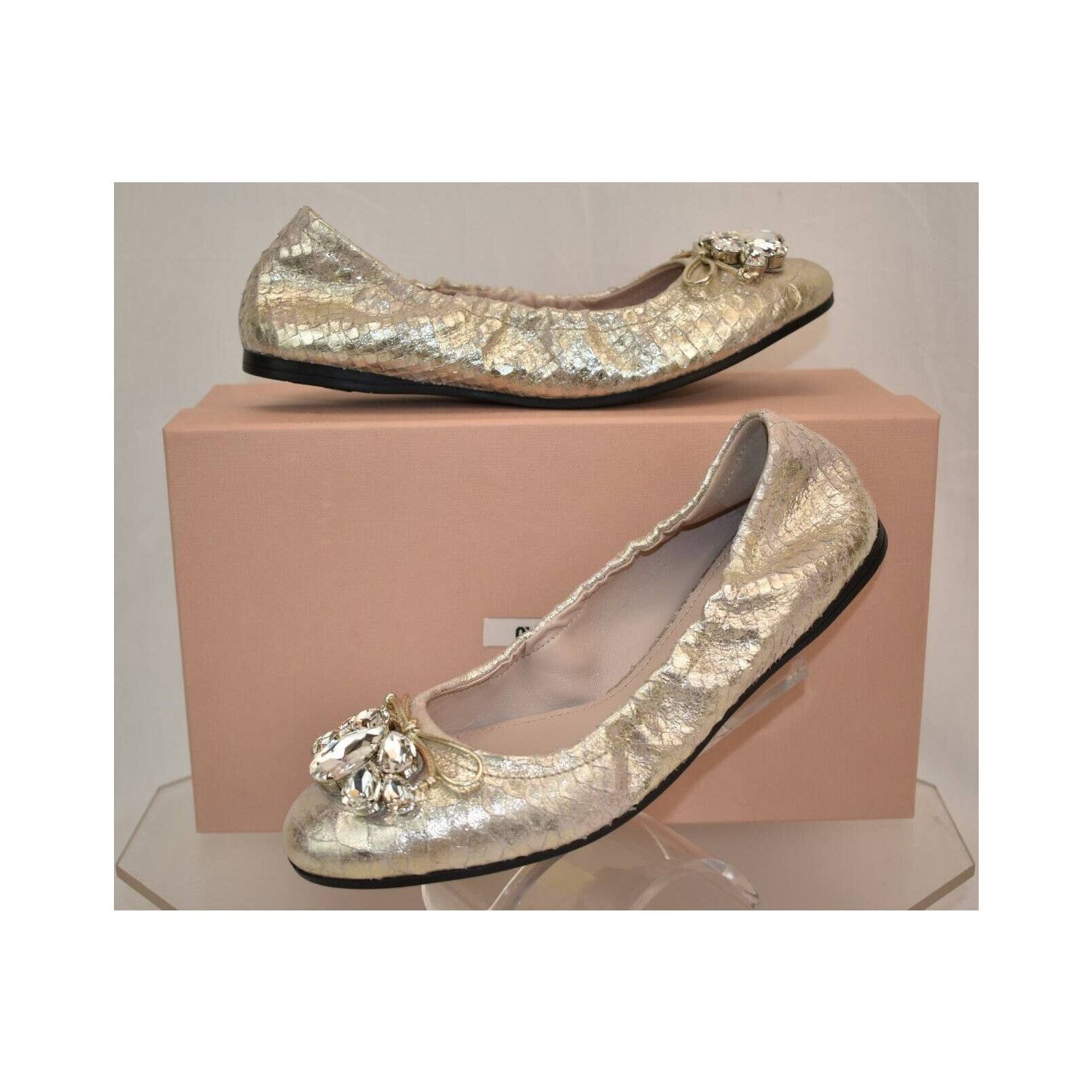 image of Miu Miu 5F149C Silver Python Lame Crystals Jeweled Bow Flats 38 in Gold, Women's