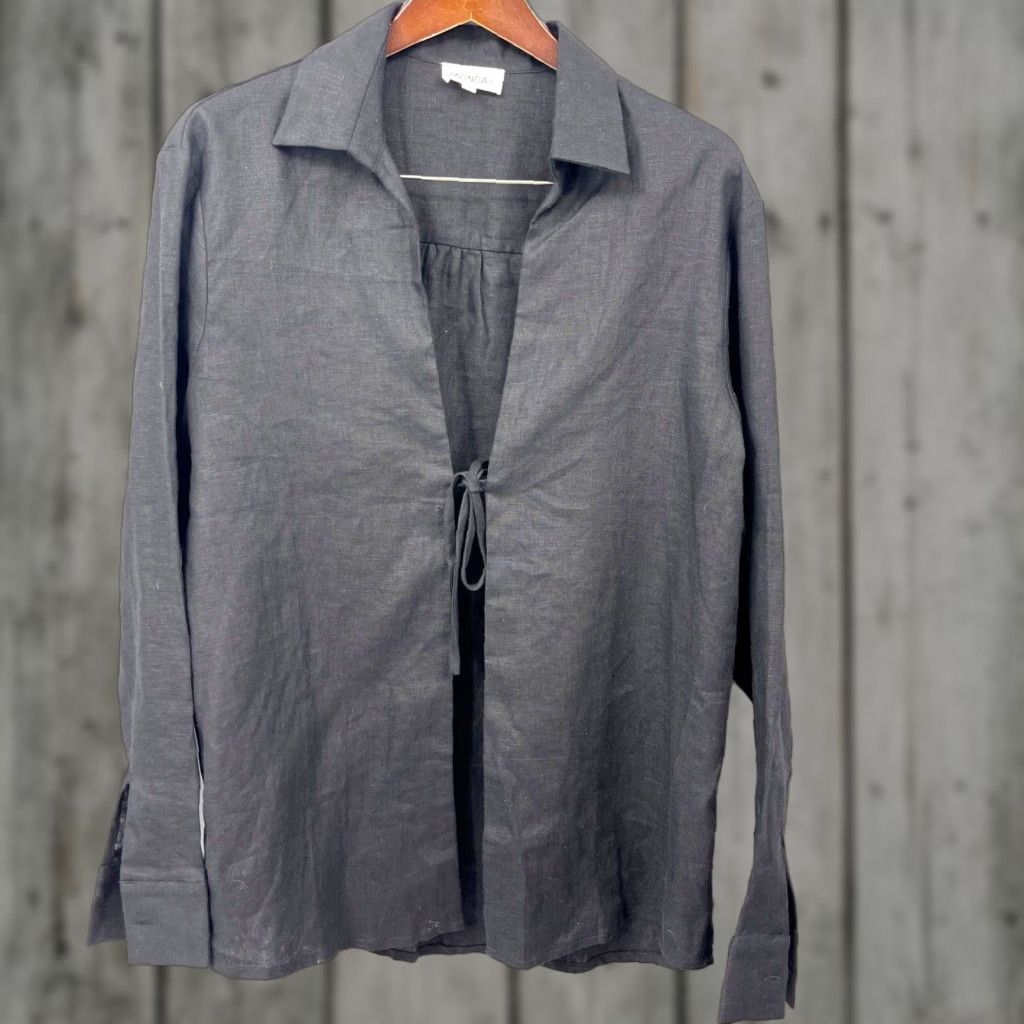 Vintage VINTAGE Monday Linen Oversized Shirt Womens Casual Long Sleeve Button-Up Tunic Black 90s Size ONE SIZE - 1 Thumbnail