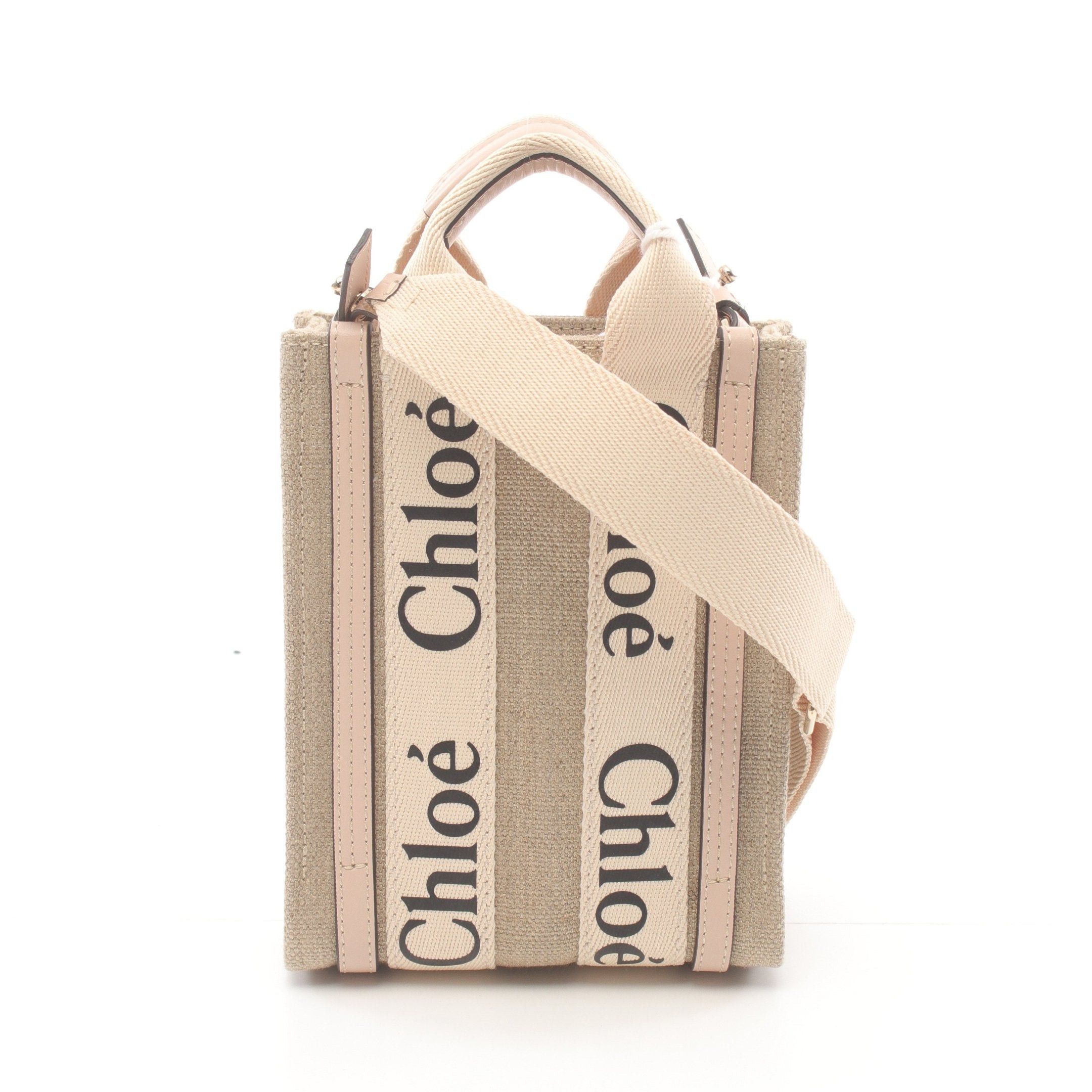 Chloe Chloe Woody North South Mini Tote Bag Handbag Canvas Leather Beige Light Pink Size ONE SIZE - 1 Thumbnail