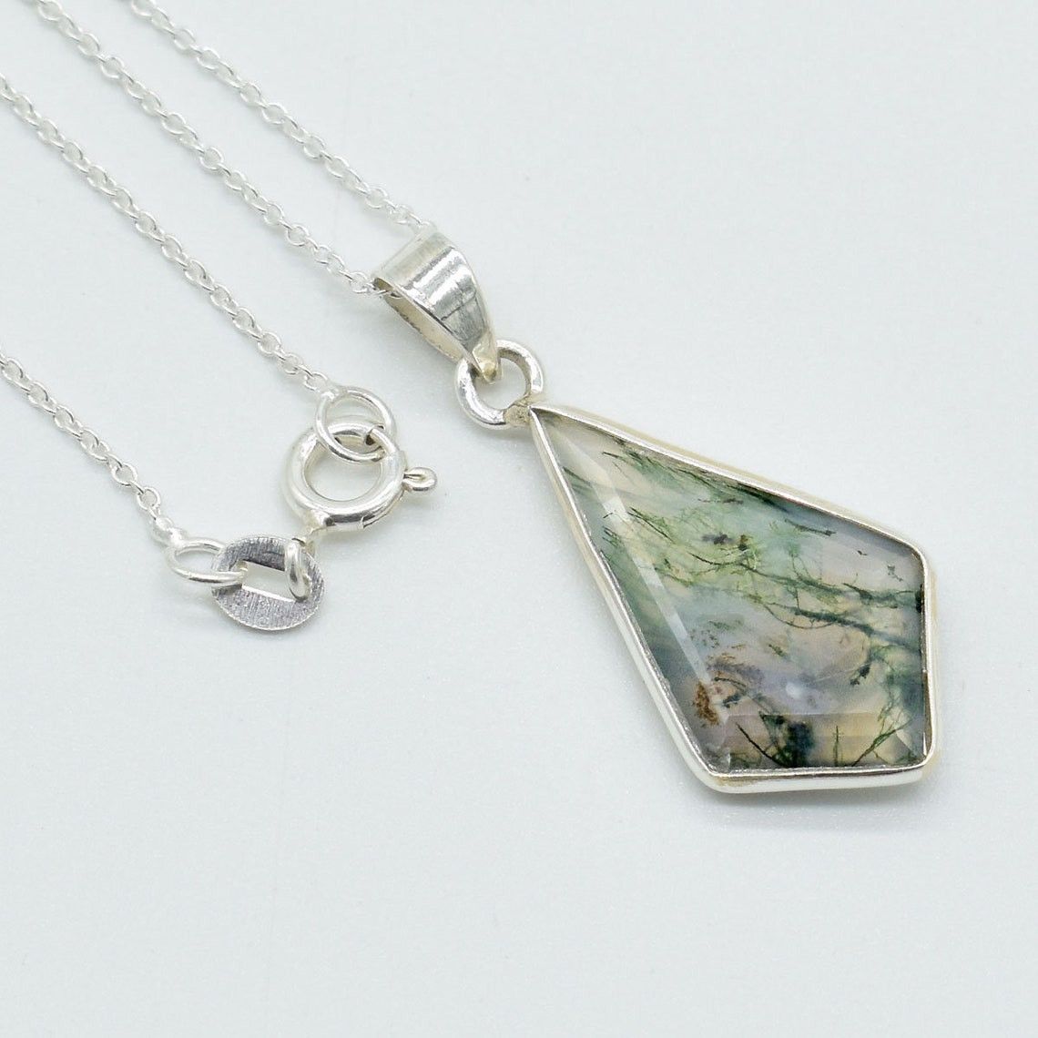 Handmade Natural Moss Agate 925 Sterling Silver Pendant Necklace Size ONE SIZE - 2 Thumbnail