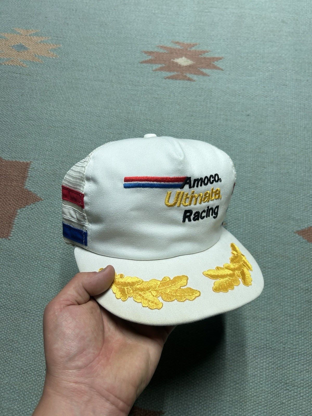 Vintage Vtg 80s trucker hat Amoco racing 3 three stripe USA red blue Size ONE SIZE - 1 Thumbnail