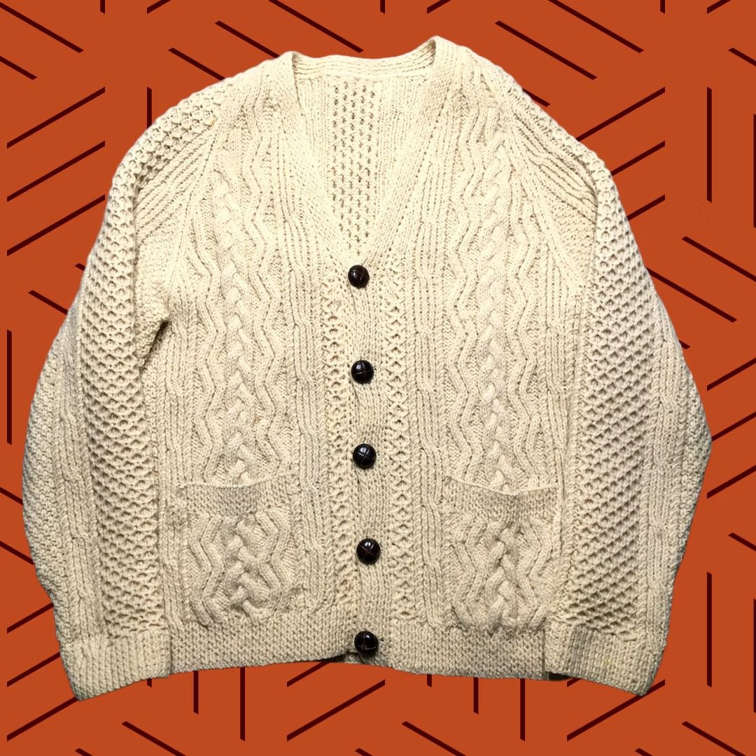Vintage Cable Knit Cardigan Sweater Mens Medium White Heavyweight V-Neck Fisherman Irish Size US M / EU 48-50 / 2 - 1 Thumbnail