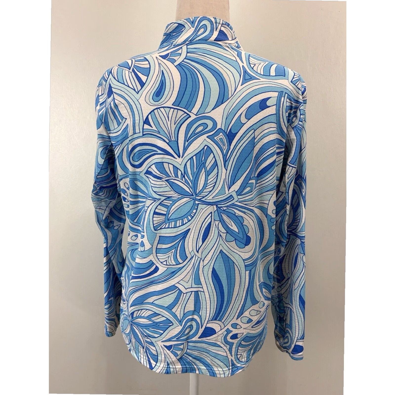 Vintage Icikuls Golf Pullover Top Women's Large Blue White Paisley Long Sleeve 1/4 Zip Size L / US 10 / IT 46 - 3 Thumbnail