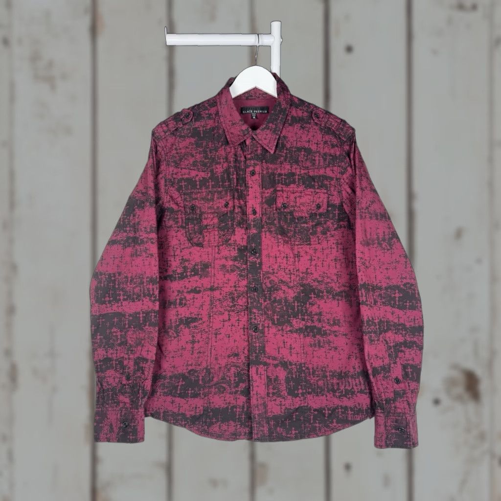 AFFLICTION Black Premium Button Up Shirt - Red/Black Crosses - Medium - Y2K - Men - M - Long Sleeve