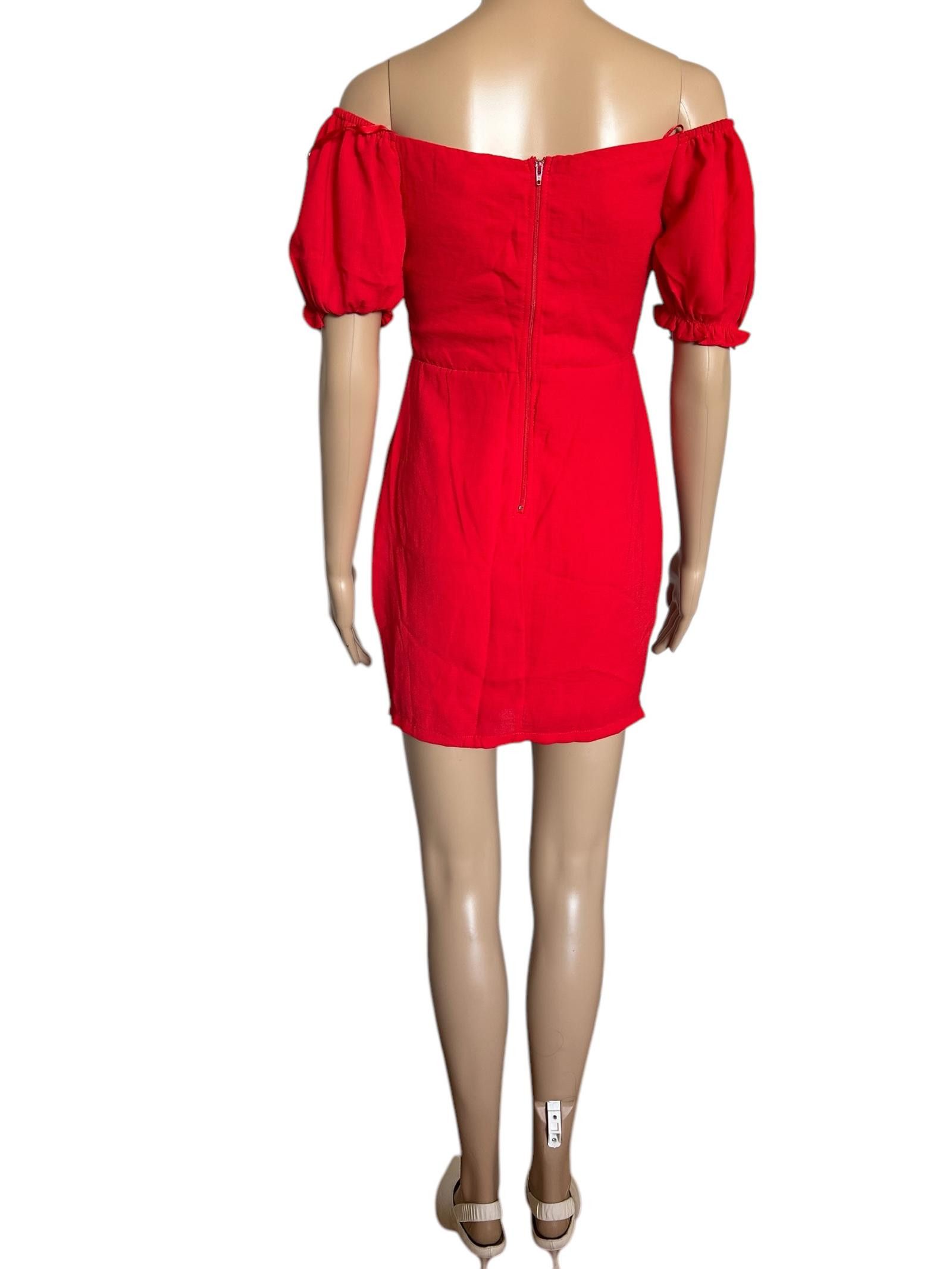 Designer Eye-Catching Red Off-Shoulder Dress with Puff Sleeves Size S / US 4 / IT 40 - 5 Thumbnail
