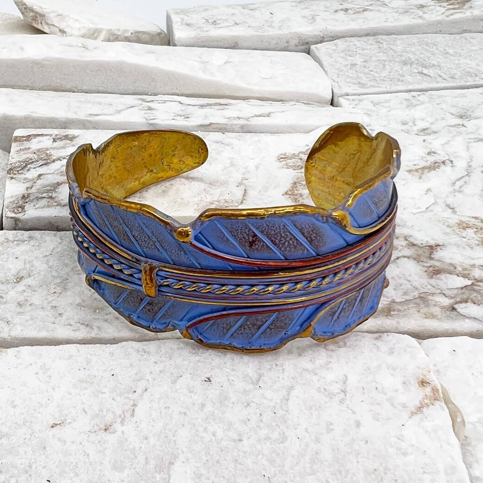 Other Brass Patina Cuff Bracelet - Blue Leaf Size ONE SIZE - 2 Thumbnail