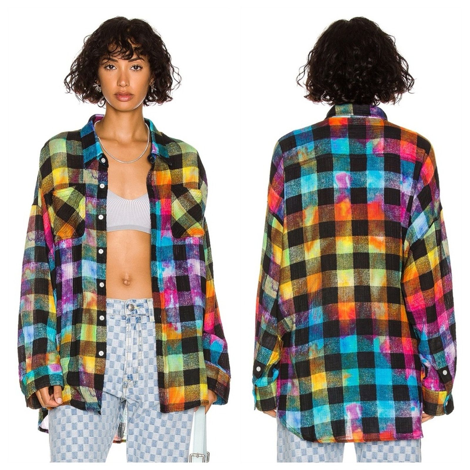 R13 R13 Oversized Drop Neck Shirt (Sz XS) Rainbow Plaid Check Size XS / US 0-2 / IT 36-38 - 3 Thumbnail