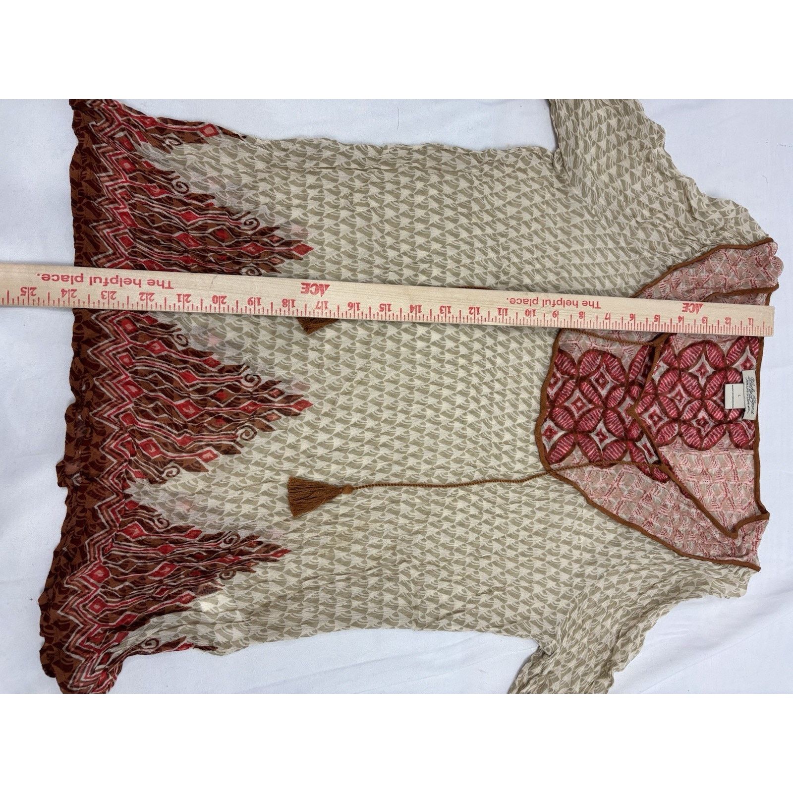 Lucky Brand Lucky Brand Womens Tan Red Boho Long Sleeve Sheer Blouse L Size L / US 10 / IT 46 - 5 Thumbnail