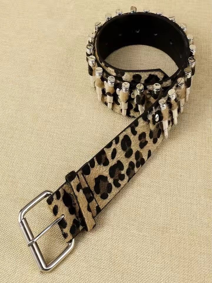 Japanese Brand 110 cm Leopard Print Bullet PU Leather Belt Size ONE SIZE - 3 Thumbnail