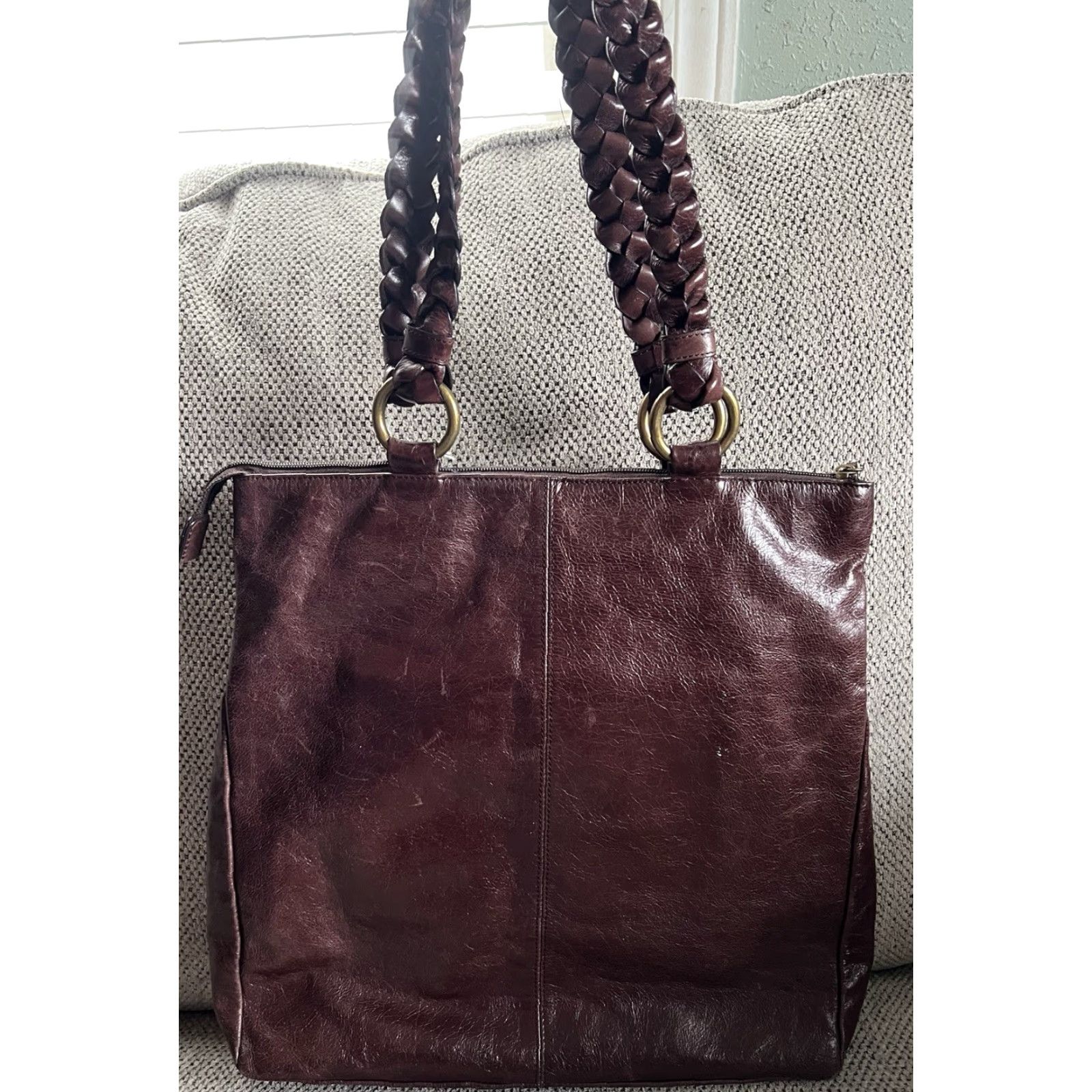 Vintage Hobo International Textured Leather Fringe Zip Braided Straps Handbag Purse Size ONE SIZE - 3 Thumbnail