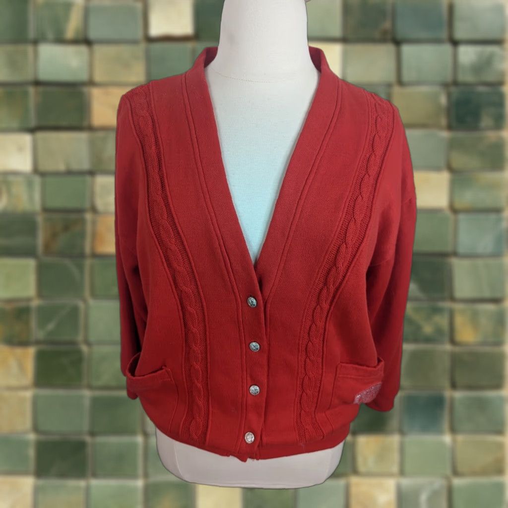 Vintage VINTAGE 90s Gitano Red Sweatshirt Cardigan Cable-Knit Sweater XL 1X Women’s Red Wool Blend Size XL / US 12-14 / IT 48-50 - 1 Thumbnail