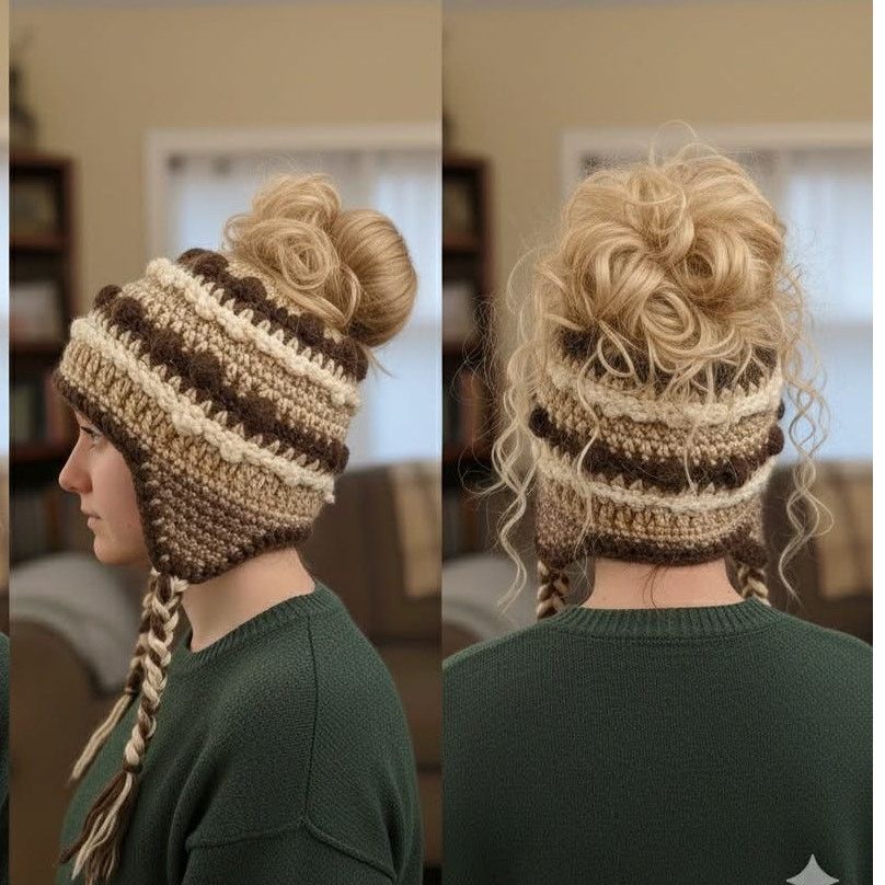 Other Handmade Crochet Messy Bun Hat Beanie Braided Tassels Brown Size ONE SIZE - 1 Thumbnail