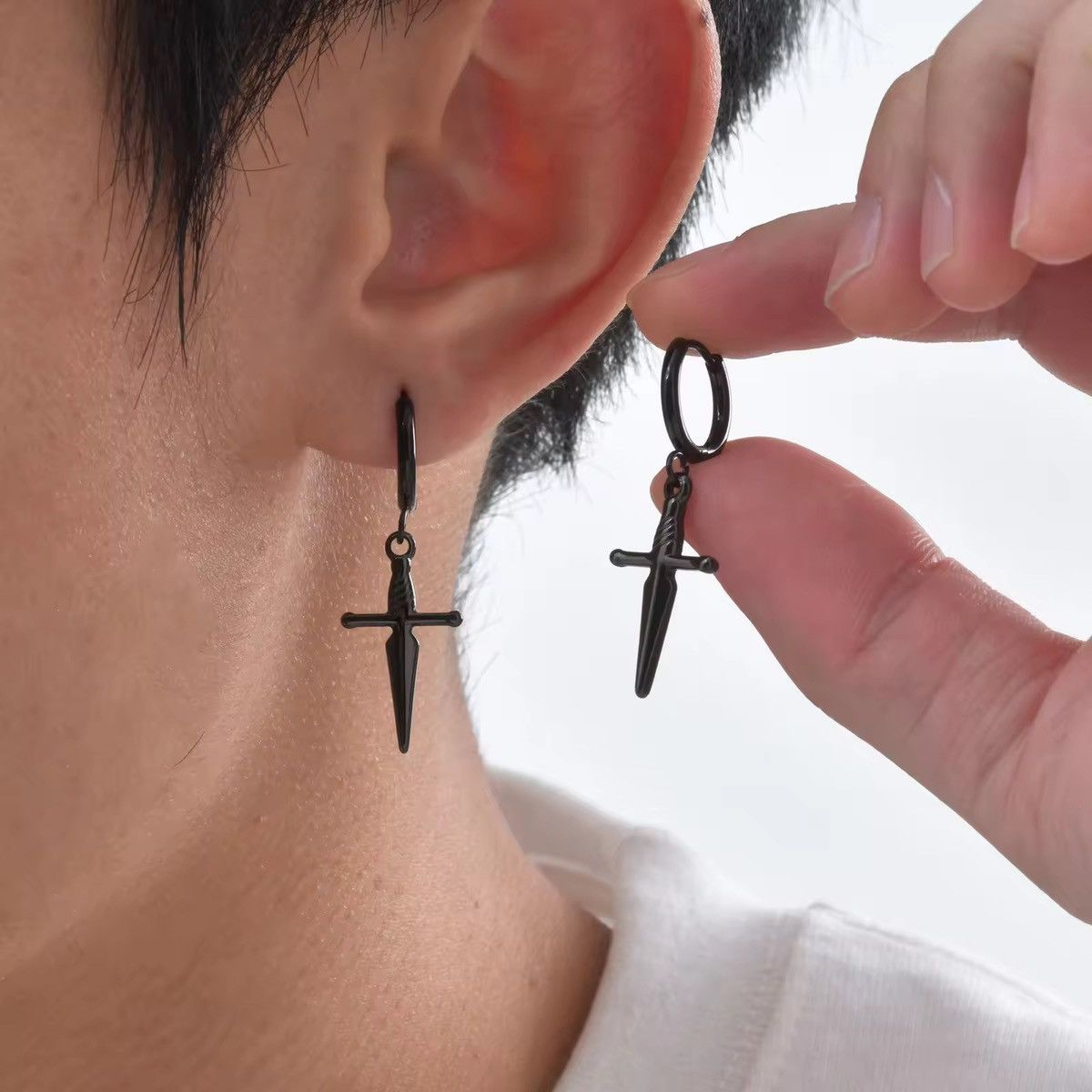 Jewelry Sword Hoop Earrings in Black, Men's