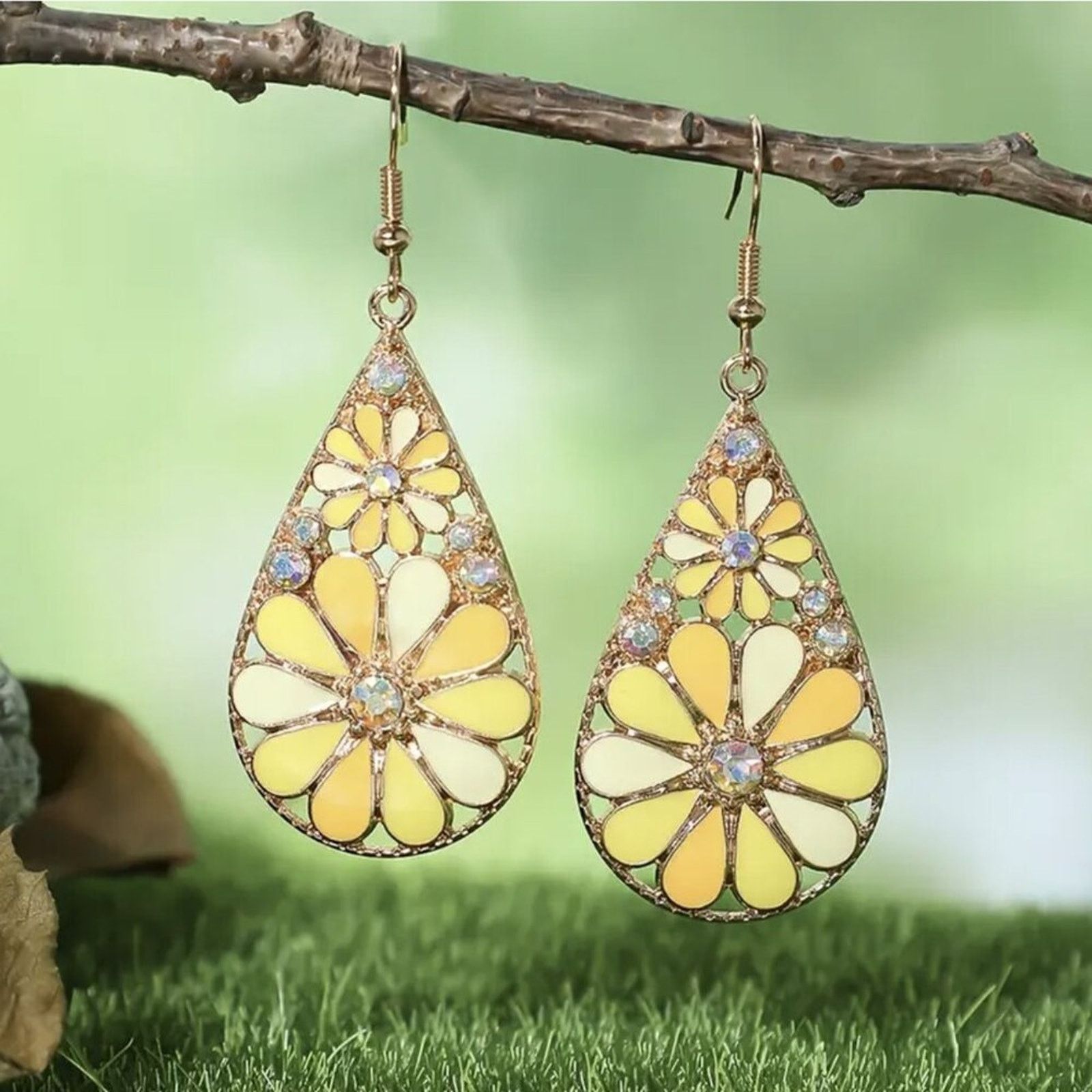 Other Yellow Mosaic Flower Dangle Earrings | Rose Gold Teardrop Size ONE SIZE - 5 Thumbnail