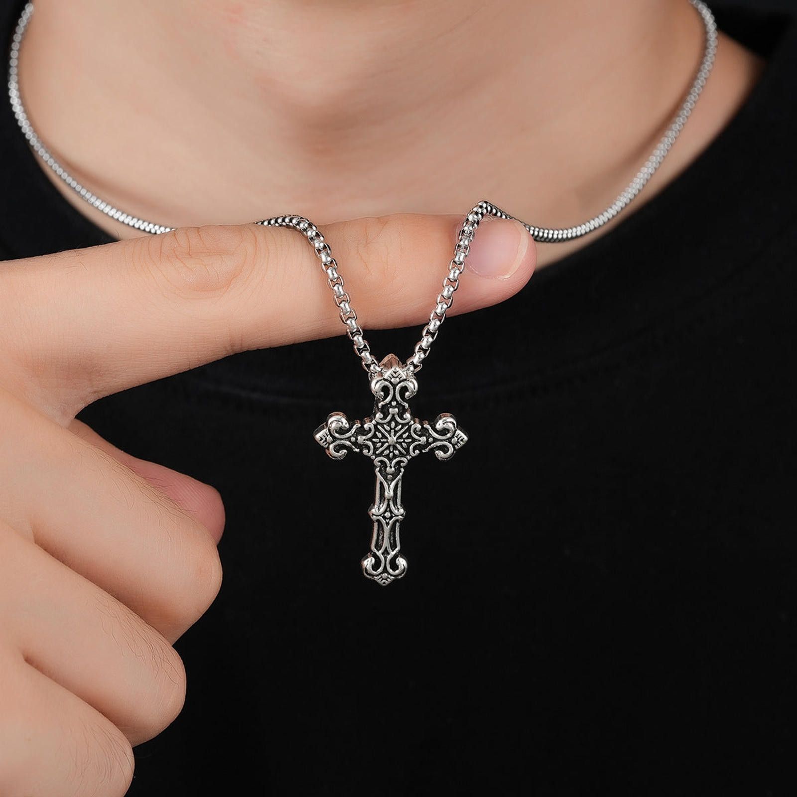 Jewelry Silver Ornate Cross Pendant Necklace, Men's Chain Necklace Size ONE SIZE - 2 Thumbnail