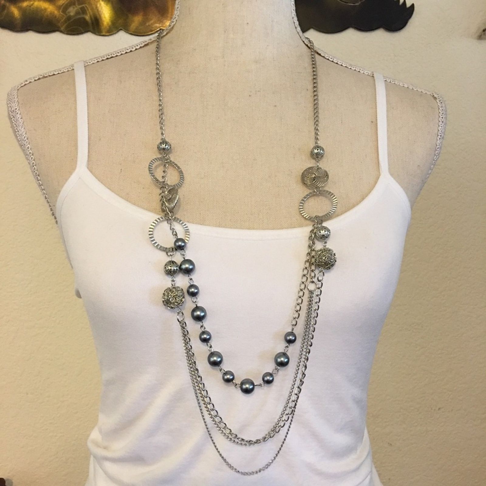 Jewelry Silver Tone Tiered Gray Pearl Bead Long Necklace, Women's