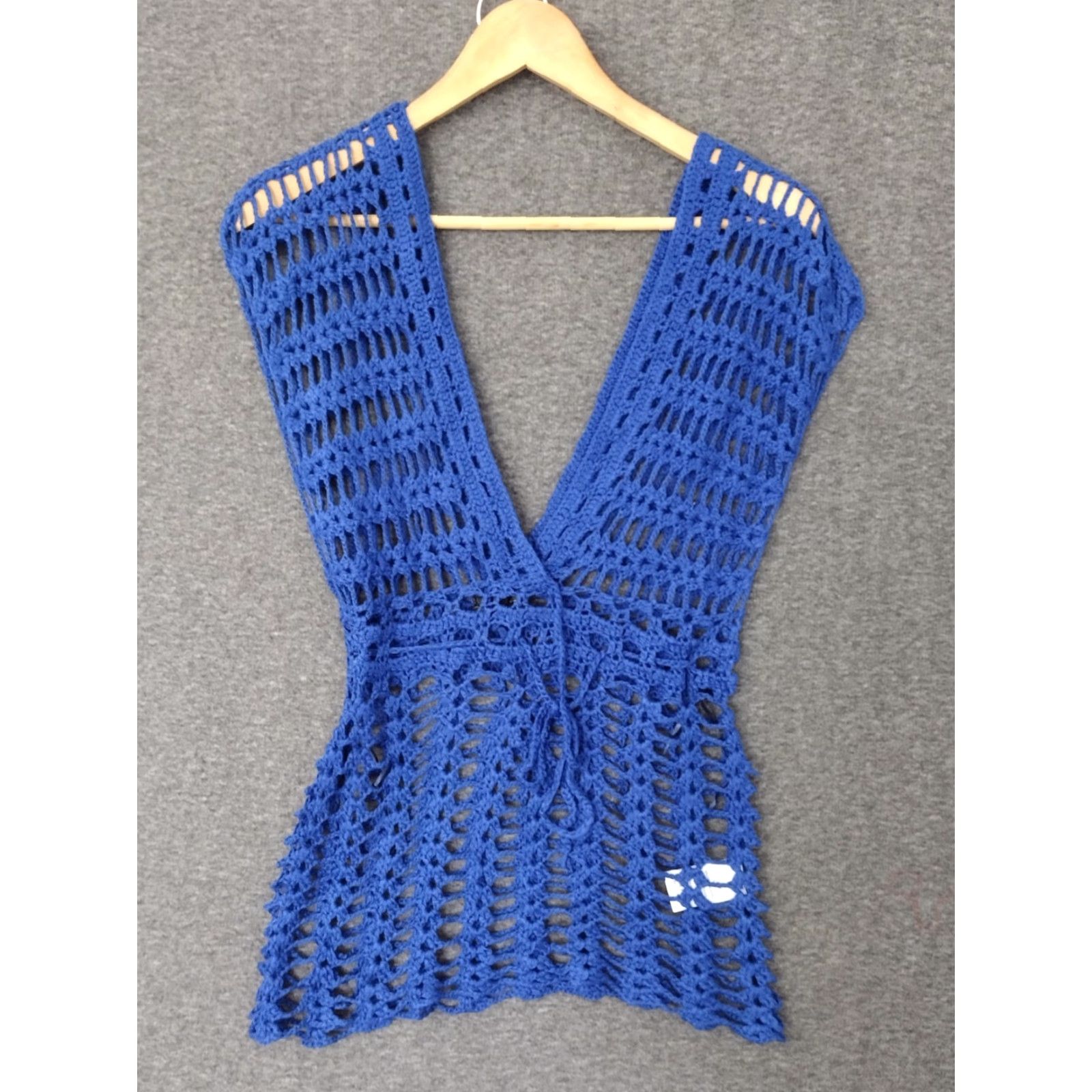 Vintage Codigo Grab Crochet Knitted Blue V-Neck Beach Mini Dress S Size S / US 4 / IT 40 - 2 Thumbnail