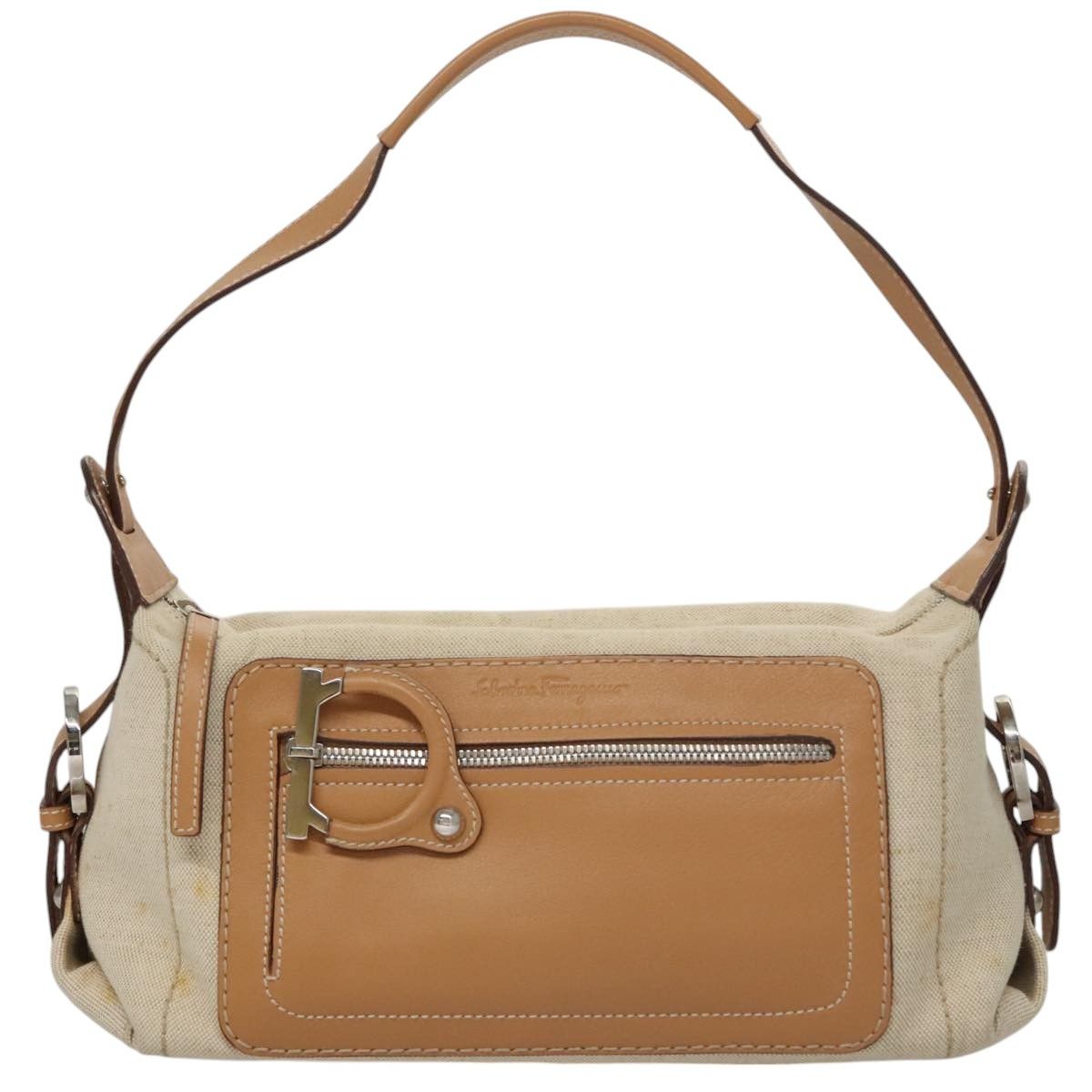 Salvatore Ferragamo Gancini Beige Canvas Shoulder Bag (Pre-Owned) Size ONE SIZE - 1 Thumbnail