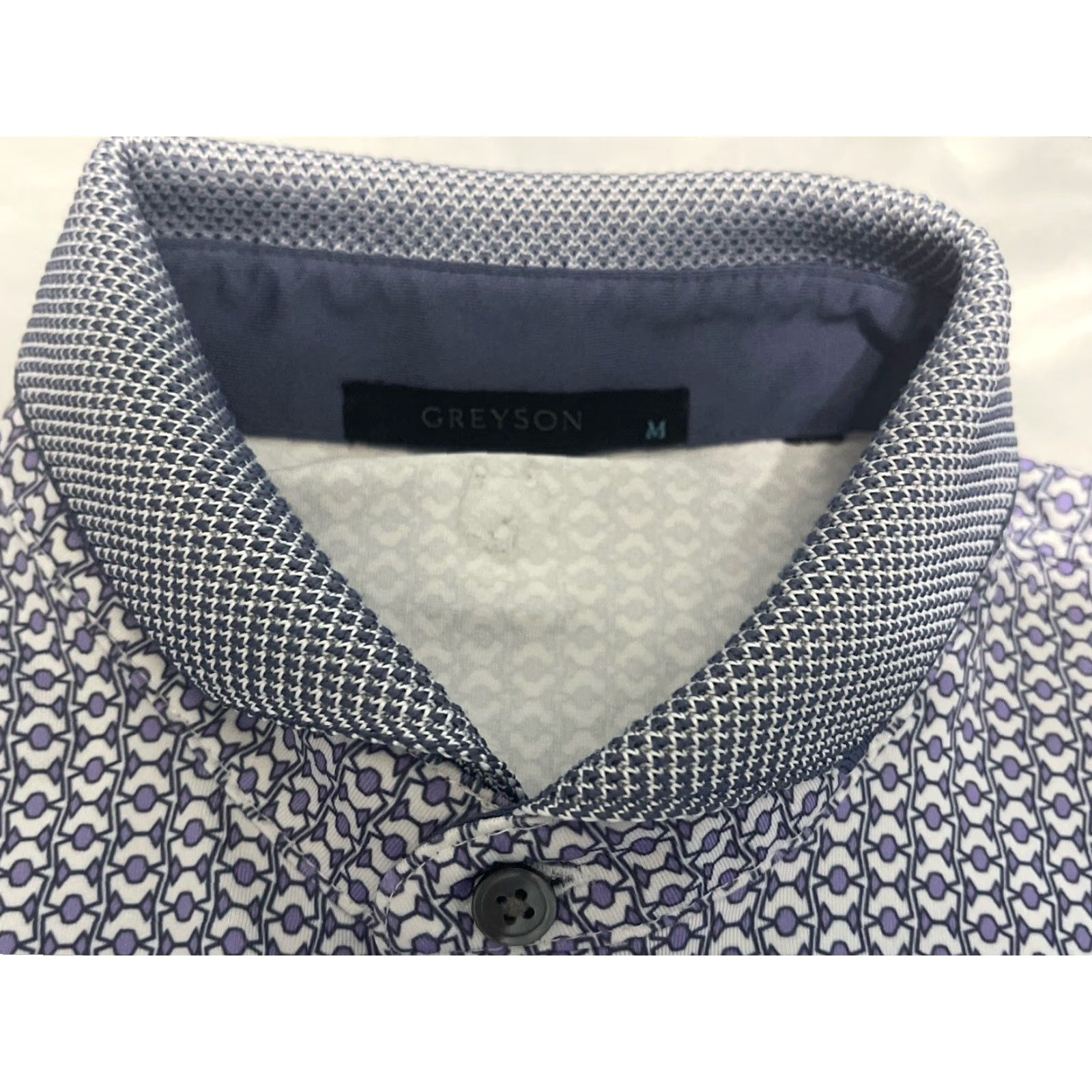 Vintage Greyson Polo Shirt M Mens Golf Greyson Purple White Geometric Print Performance Polo Short Sleeve Collared Regular Fit Polyester Spandex Size US M / EU 48-50 / 2 - 4 Thumbnail